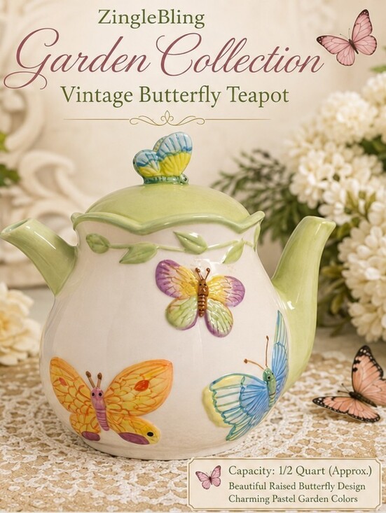 Other - Vintage Butterfly Teapot Ceramic Accents & Occasions Cottagecore Spring Garden